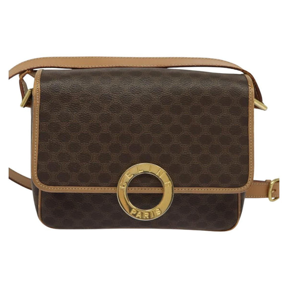 CELINE Macadam Canvas Circle Shoulder Bag PVC Leather Brown Gold Auth IN010
