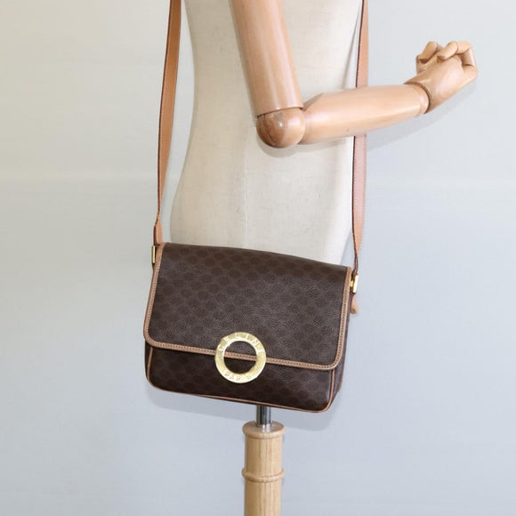 CELINE Macadam Canvas Circle Shoulder Bag PVC Leather Brown Gold Auth IN010