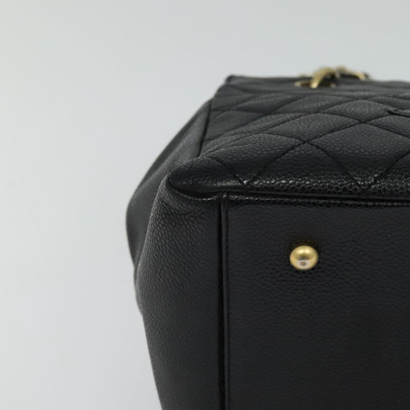 CHANEL Chain Hand Bag Caviar Skin Black Gold CC Auth IN015V