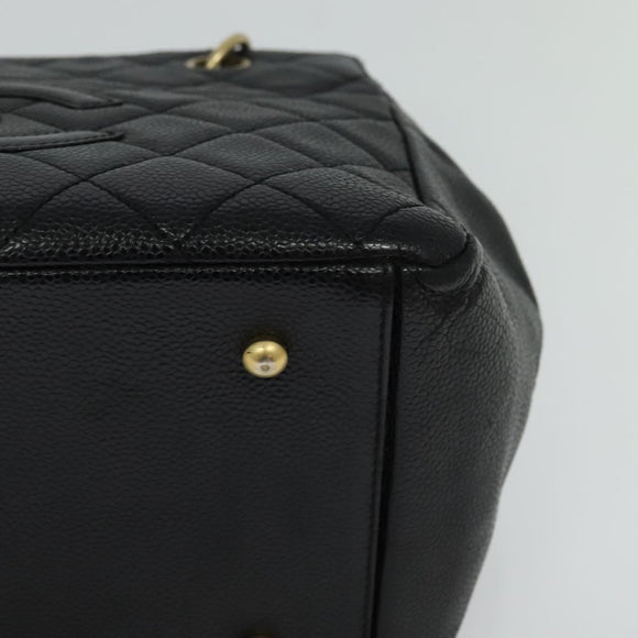 CHANEL Chain Hand Bag Caviar Skin Black Gold CC Auth IN015V