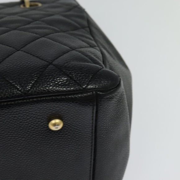 CHANEL Chain Hand Bag Caviar Skin Black Gold CC Auth IN015V