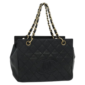 CHANEL Chain Hand Bag Caviar Skin Black Gold CC Auth IN015V