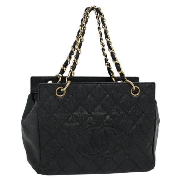 CHANEL Chain Hand Bag Caviar Skin Black Gold CC Auth IN015V