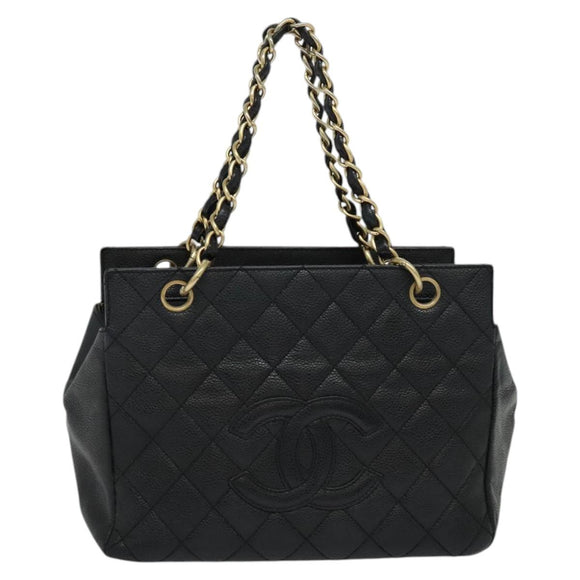 CHANEL Chain Hand Bag Caviar Skin Black Gold CC Auth IN015V