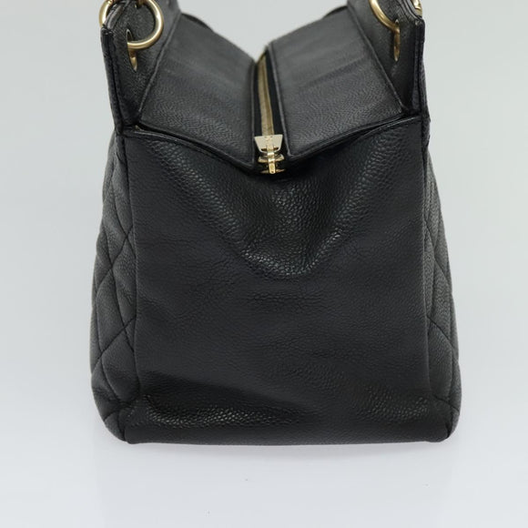 CHANEL Chain Hand Bag Caviar Skin Black Gold CC Auth IN015V