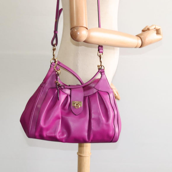 Salvatore Ferragamo Gancini Hand Bag Leather 2way Purple Gold Auth IN020