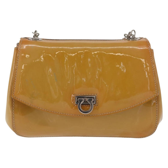 Salvatore Ferragamo Gancini Chain Bag Patent leather Yellow Gold Auth INZ001