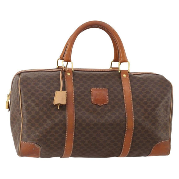 CELINE Macadam Canvas Boston Bag PVC Leather Brown Gold Auth INZ010