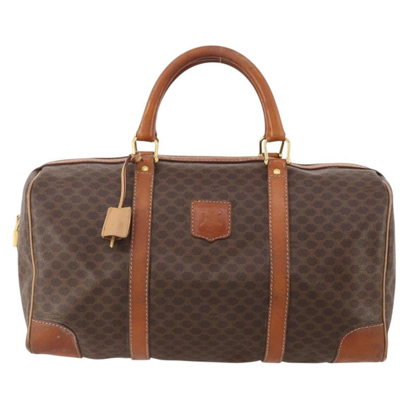 CELINE Macadam Canvas Boston Bag PVC Leather Brown Gold Auth INZ010