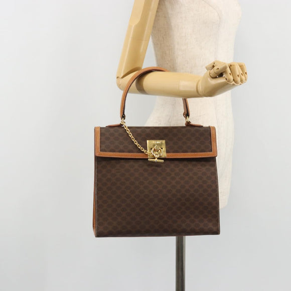 CELINE Macadam Canvas Hand Bag PVC Leather Brown Gold Auth INZ019
