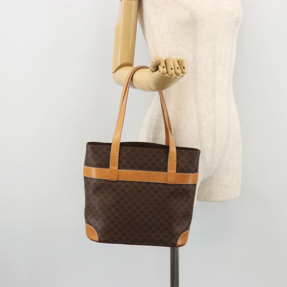 CELINE Macadam Canvas Tote Bag PVC Leather Brown Gold Auth INZ034A