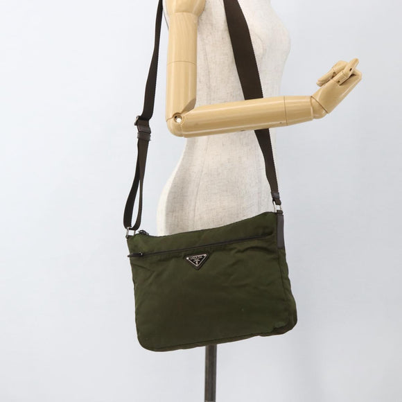 PRADA Shoulder Bag Nylon Khaki Silver Auth INZ035