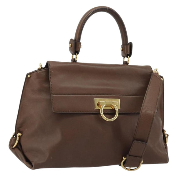 Salvatore Ferragamo Gancini Sofia Hand Bag Leather 2way Brown Gold Auth INZ040