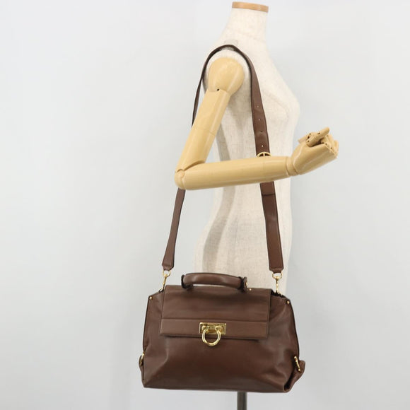 Salvatore Ferragamo Gancini Sofia Hand Bag Leather 2way Brown Gold Auth INZ040