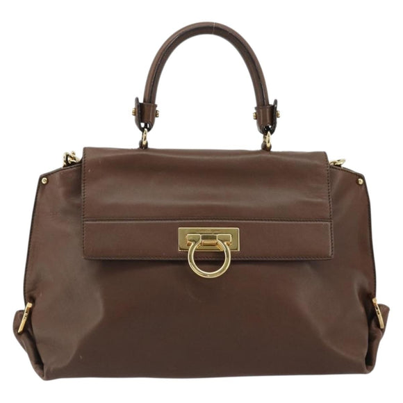 Salvatore Ferragamo Gancini Sofia Hand Bag Leather 2way Brown Gold Auth INZ040