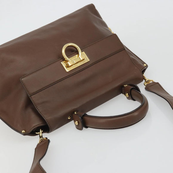 Salvatore Ferragamo Gancini Sofia Hand Bag Leather 2way Brown Gold Auth INZ040