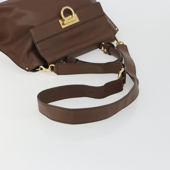 Salvatore Ferragamo Gancini Sofia Hand Bag Leather 2way Brown Gold Auth INZ040