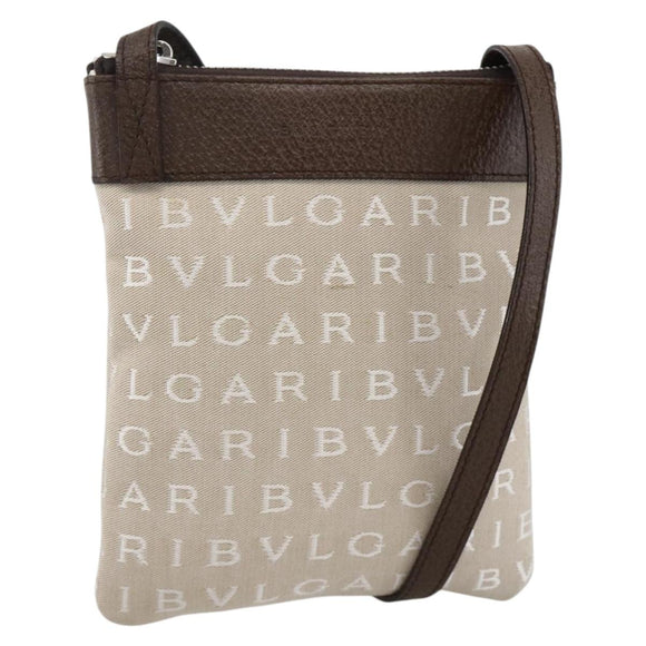 BVLGARI Logo Mania Shoulder Bag Canvas Beige Silver Auth INZ044A