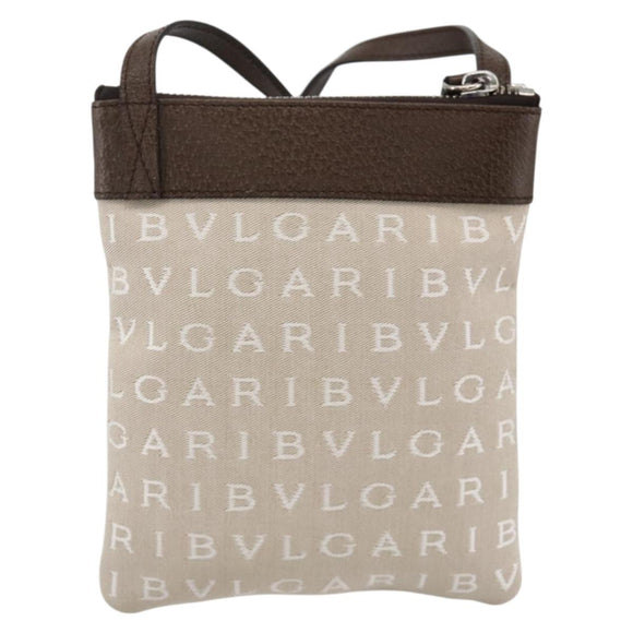 BVLGARI Logo Mania Shoulder Bag Canvas Beige Silver Auth INZ044A