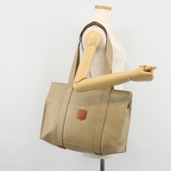 CELINE Macadam Canvas Tote Bag PVC Beige Gold Auth INZ048