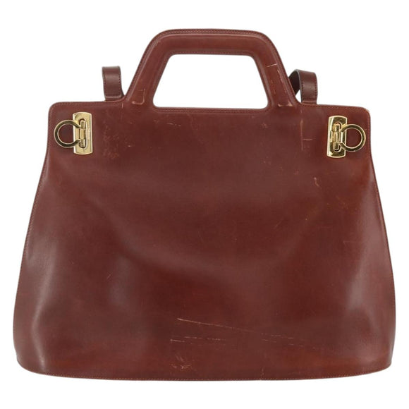 Salvatore Ferragamo Gancini Hand Bag Leather 2way Brown Gold Auth INZ049