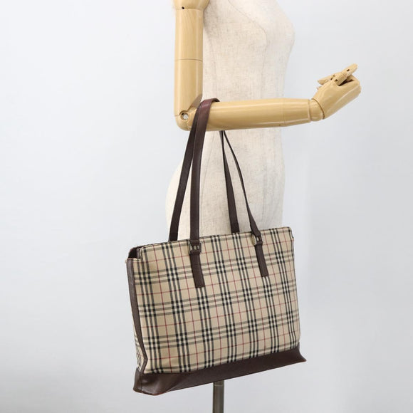 BURBERRY Nova Check Tote Bag Canvas Beige Silver Auth INZ053