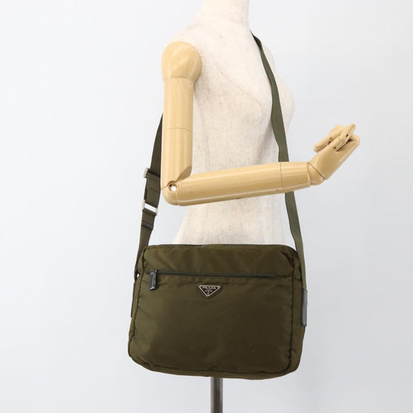 PRADA Shoulder Bag Nylon Khaki Silver Auth INZ058