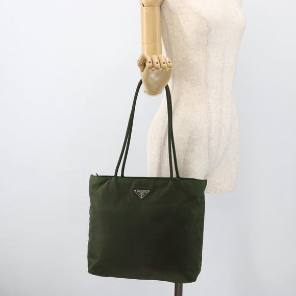 PRADA Tote Bag Nylon Khaki Silver Auth INZ059