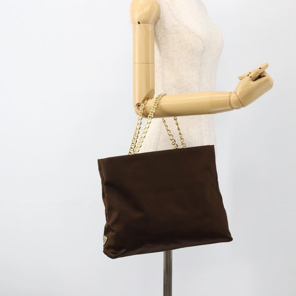 PRADA Chain Tote Bag Satin Black Gold Auth INZ060A
