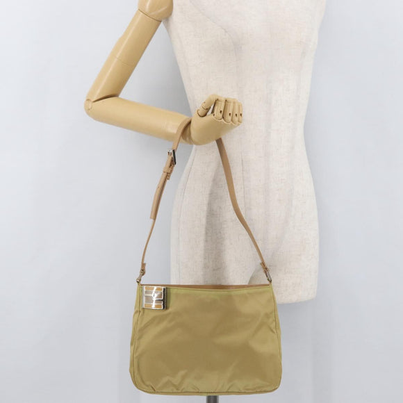 FENDI Shoulder Bag Nylon Beige Silver Auth INZ061