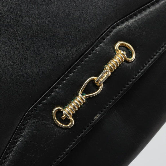 CELINE Horsebit Shoulder Bag Leather Black Gold Auth INZ069