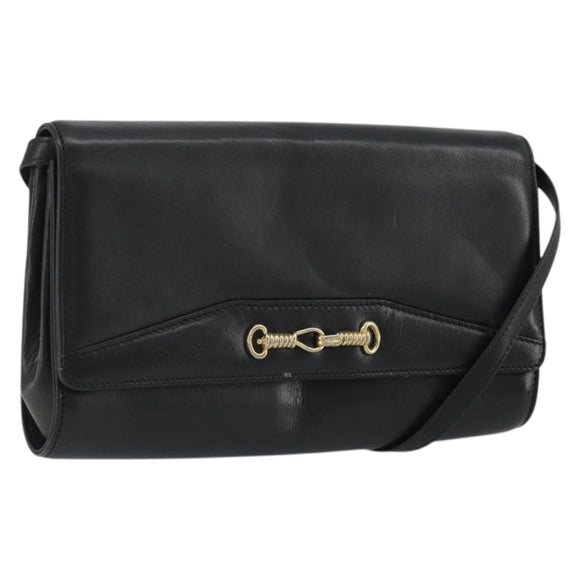 CELINE Horsebit Shoulder Bag Leather Black Gold Auth INZ069