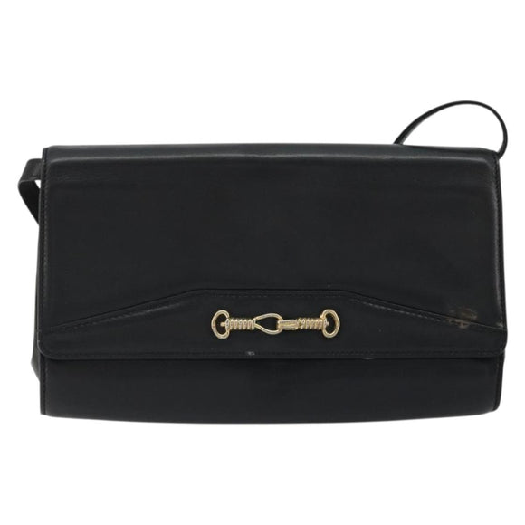 CELINE Horsebit Shoulder Bag Leather Black Gold Auth INZ069