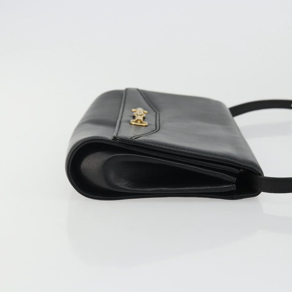 CELINE Horsebit Shoulder Bag Leather Black Gold Auth INZ069