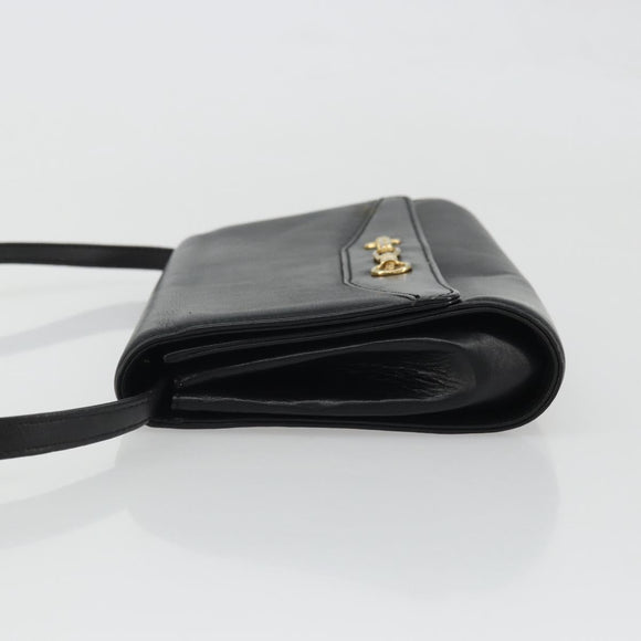 CELINE Horsebit Shoulder Bag Leather Black Gold Auth INZ069