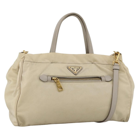 PRADA Hand Bag Nylon 2way Beige Gold Auth INZ076A