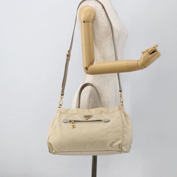 PRADA Hand Bag Nylon 2way Beige Gold Auth INZ076A