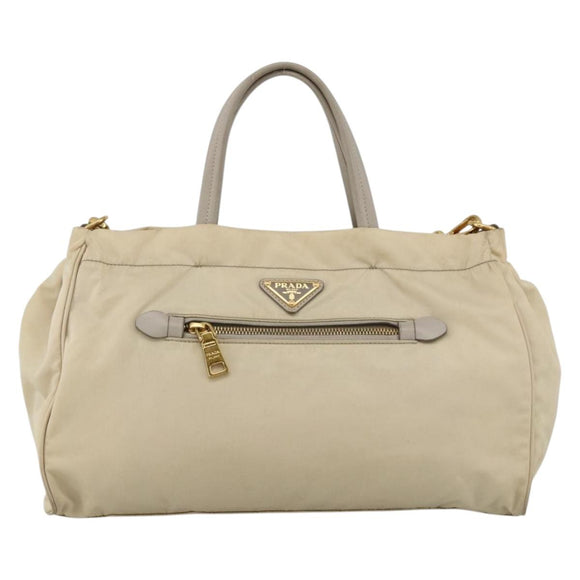 PRADA Hand Bag Nylon 2way Beige Gold Auth INZ076A