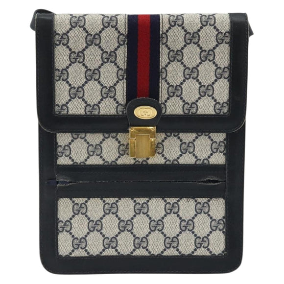 GUCCI GG Supreme Sherry Line Shoulder Bag PVC Navy Gold Auth INZ082