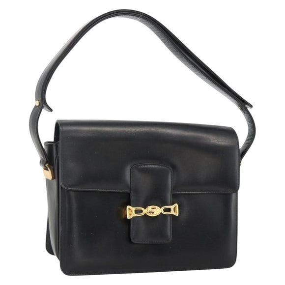 CELINE Horse Carriage Shoulder Bag Leather Black Gold Auth INZ094