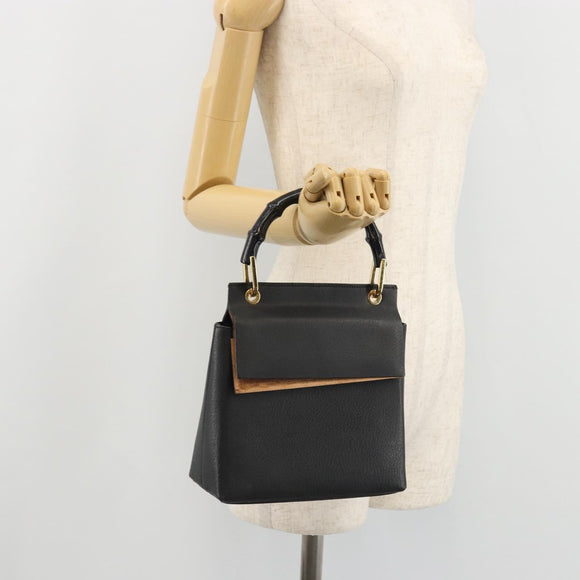 GUCCI Bamboo Hand Bag Leather Black Gold 000 1014 1888 Auth INZ098