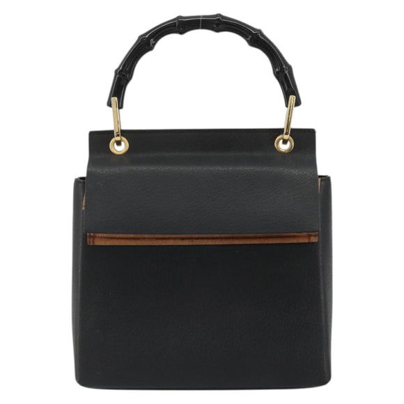 GUCCI Bamboo Hand Bag Leather Black Gold 000 1014 1888 Auth INZ098