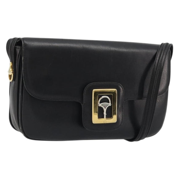 GUCCI Horsebit Shoulder Bag Leather Gold Black Auth INZ099