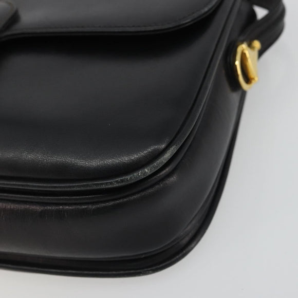 GUCCI Horsebit Shoulder Bag Leather Gold Black Auth INZ099
