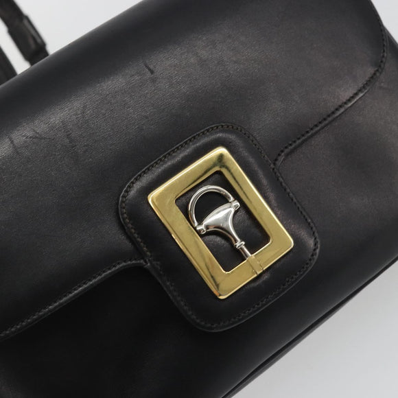 GUCCI Horsebit Shoulder Bag Leather Gold Black Auth INZ099