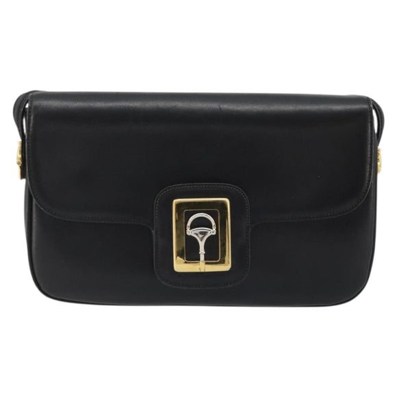 GUCCI Horsebit Shoulder Bag Leather Gold Black Auth INZ099