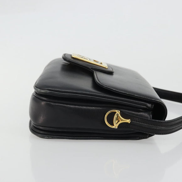 GUCCI Horsebit Shoulder Bag Leather Gold Black Auth INZ099
