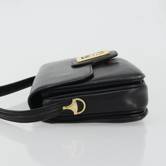 GUCCI Horsebit Shoulder Bag Leather Gold Black Auth INZ099