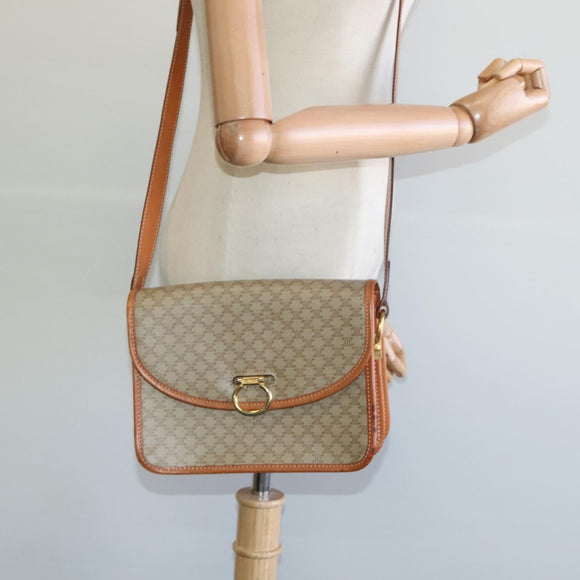 CELINE Macadam Canvas Shoulder Bag Beige Gold Auth JB008