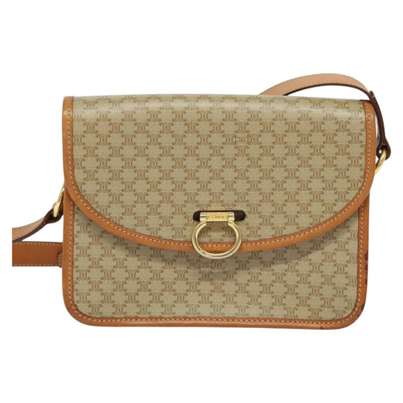 CELINE Macadam Canvas Shoulder Bag Beige Gold Auth JB008